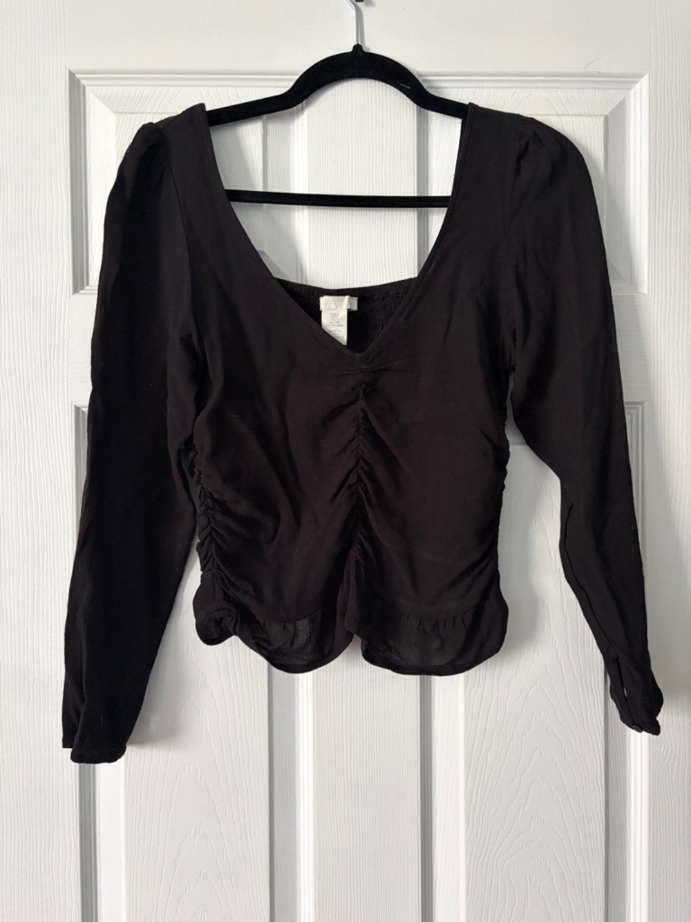 H&M Black Ruched V-Neck Long Sleeve Top